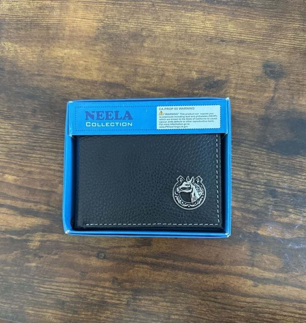 Neela Collection Faux Black Leather Bi-fold Men’s Wallet with Horse Cabachon